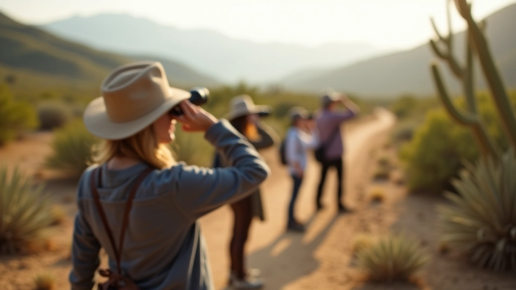 Grupo diverso de personas en el sendero observando aves con binoculares en el Bosque Seco de Guánica