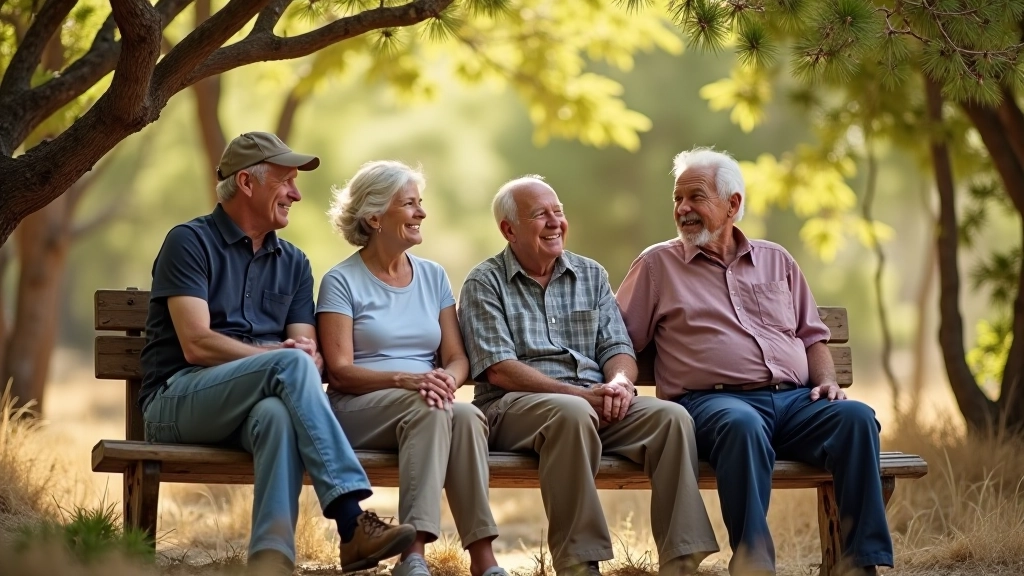 Grupo de mayores descansando en banco de madera bajo sombra de árbol, sonriendo, día soleado en sendero natural