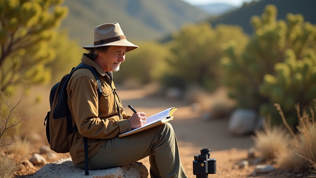 Persona sentada en la roca con cuaderno y binoculares, escribiendo observaciones en un sendero del bosque seco